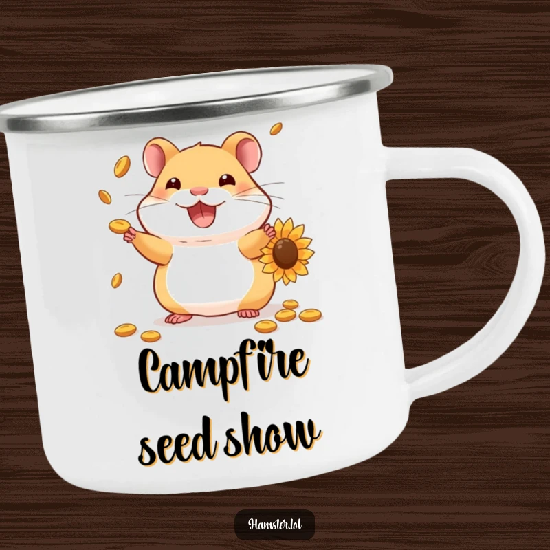 Funny Hamster Camping Mug: Cute hamster juggling sunflower seeds with a grin, ideal for skillful outdoor enjoyment.