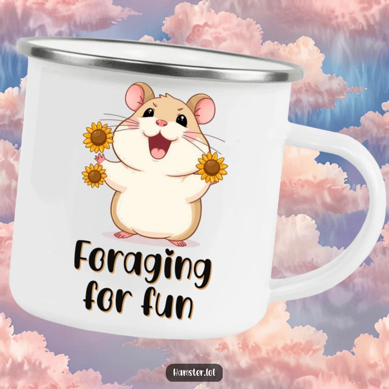 Funny Camping Mug depicts a hamster juggling seeds, offering a humorous and skillful design for outdoor enthusiasts.
