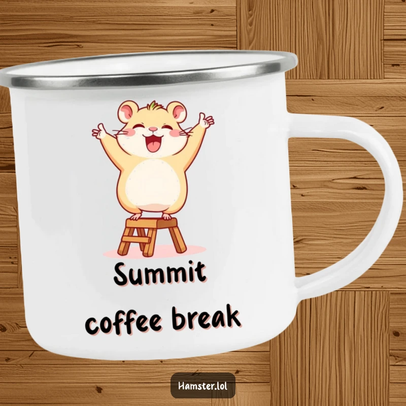 Funny Camping Mug: A happy hamster character triumphantly dancing on a tiny ladder, perfect for outdoor celebrations.