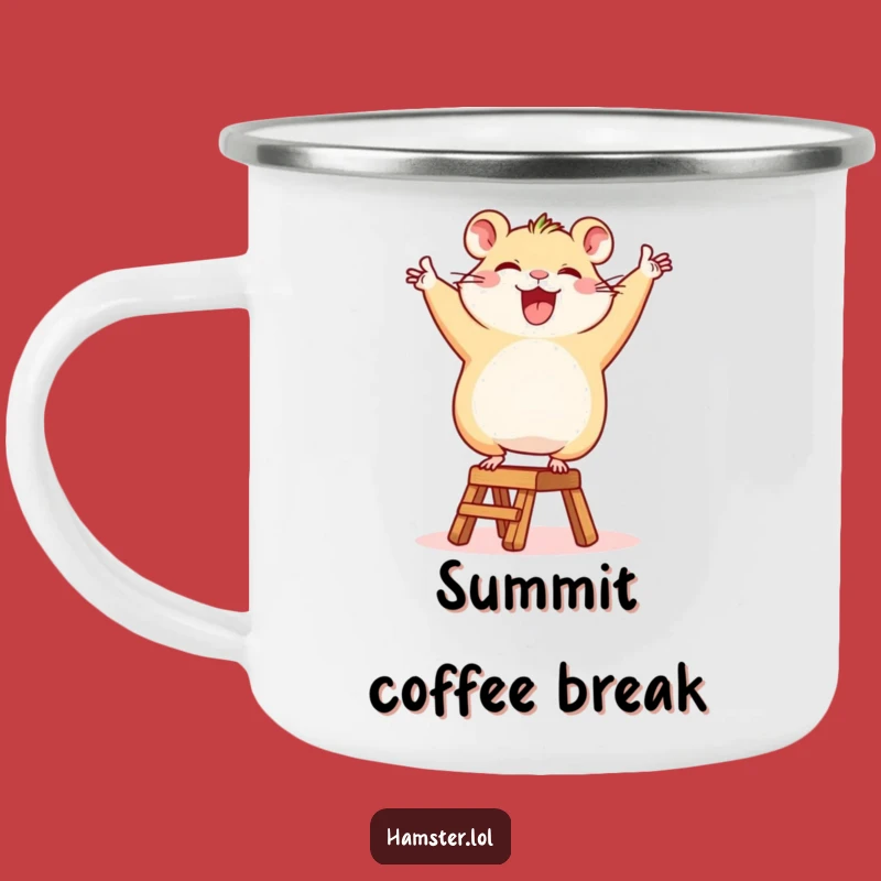 Funny Hamster Ladder Camping Mug: Happy Character Victory Dance, Outdoor Humorous Gift for Campers