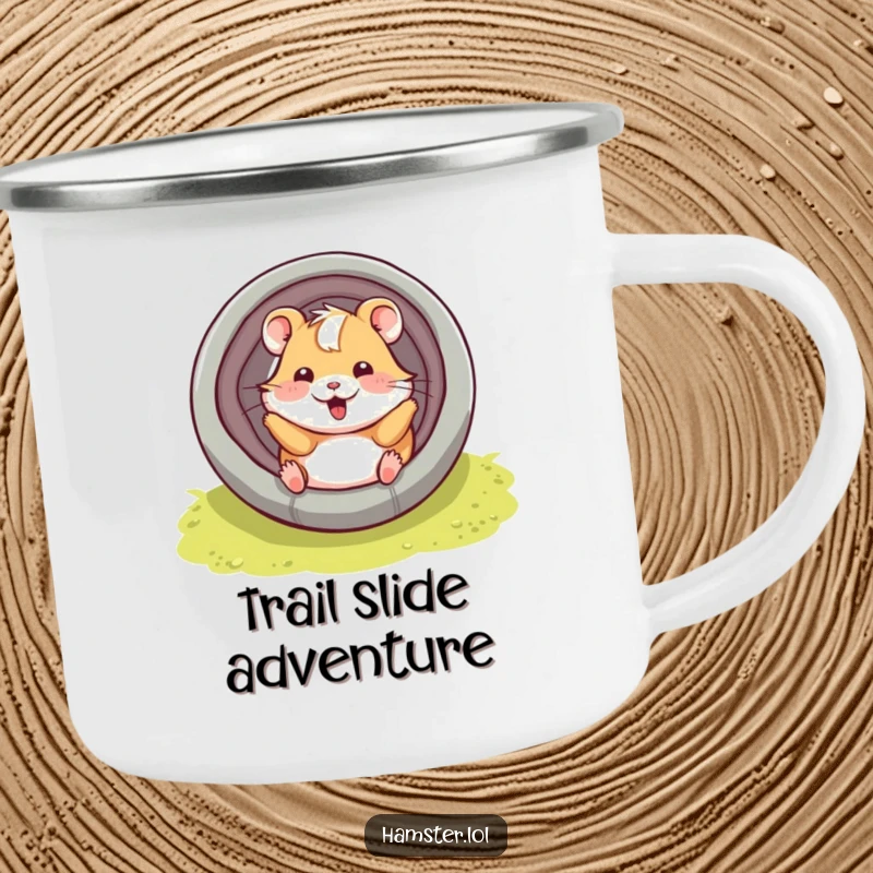 Funny hamster character playfully sliding down a tube with a smile, a durable camping mug with a humorous design.