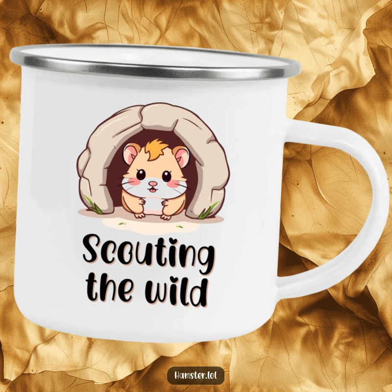 Funny Camping Mug depicts a hamster curiously peeking from a tunnel, offering a humorous and inviting design for outdoor enthusiasts.