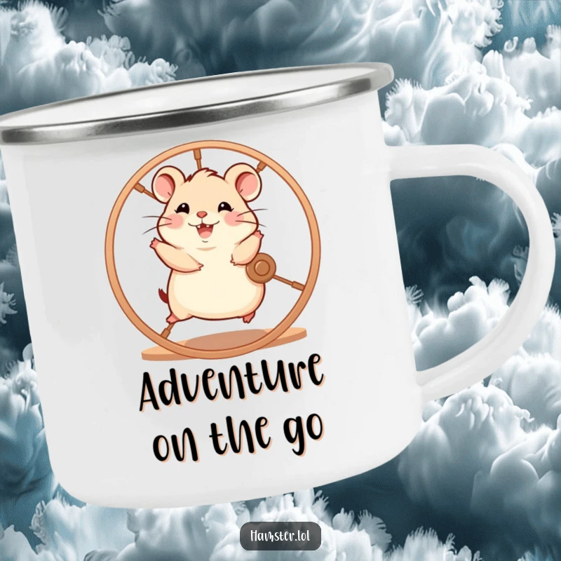 Funny hamster character enthusiastically running on a spinning wheel with glee, a durable camping mug with a humorous design.