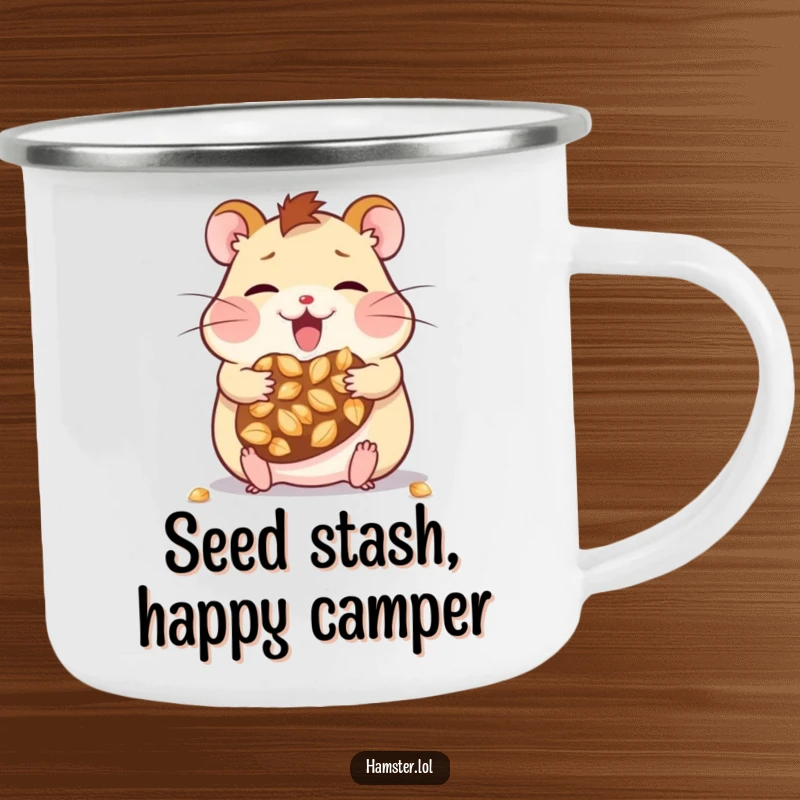 Funny kawaii hamster character with overflowing cheeks, holding a mug, designed for humorous outdoor adventures on a camping mug.