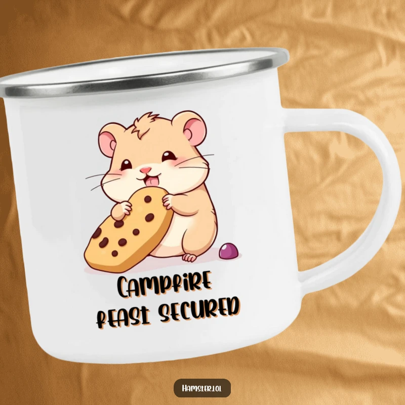 Funny wobbly hamster camping mug, a hamster struggling with an oversized treat in an outdoor setting, humorous and durable.