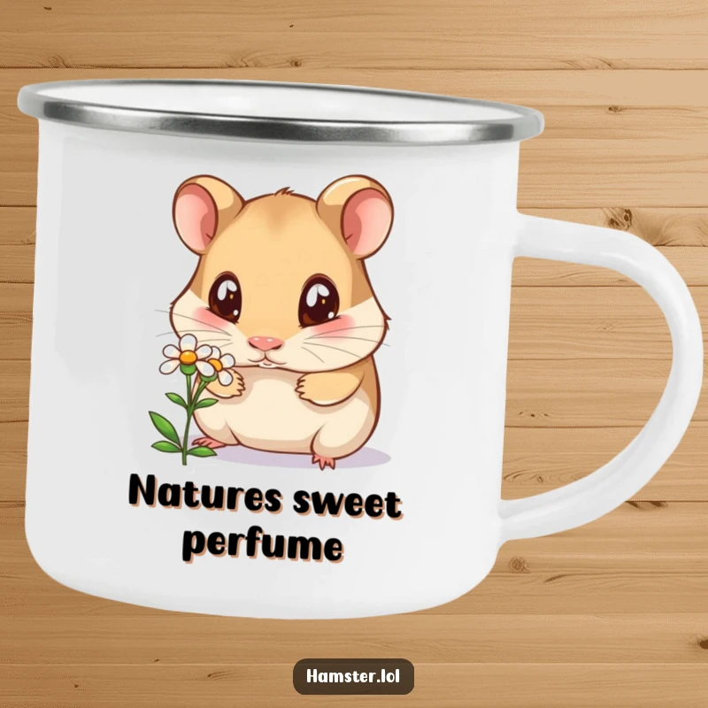 Funny curious hamster camping mug, a hamster with wide eyes sniffing a tiny flower in an outdoor setting, humorous and durable.