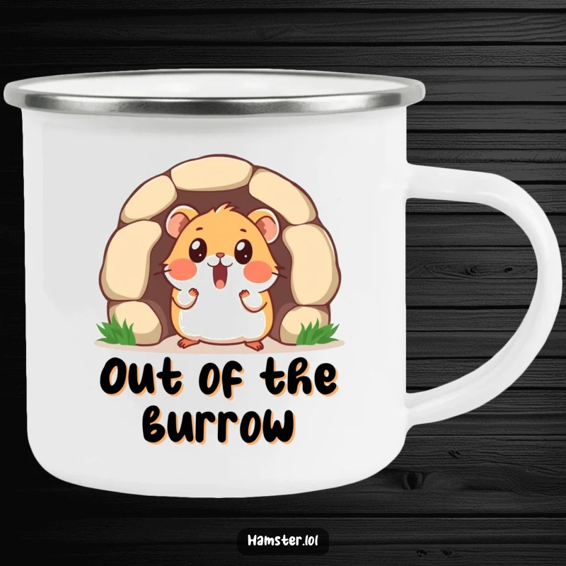 Funny camping mug with a surprised hamster character emerging from a tiny tunnel, offering a comical sight with your morning brew.