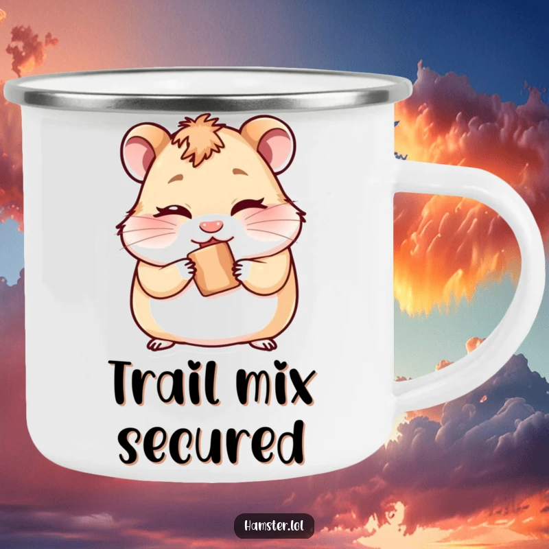 Funny enamel camping mug featuring a cheeky hamster winking while hiding a tiny treat, perfect for outdoor enjoyment.