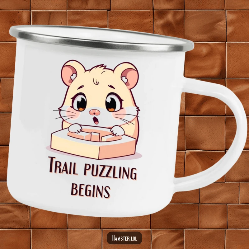 Funny surprised hamster character with widened eyes looking at a tiny maze, a durable camping mug with a humorous design.