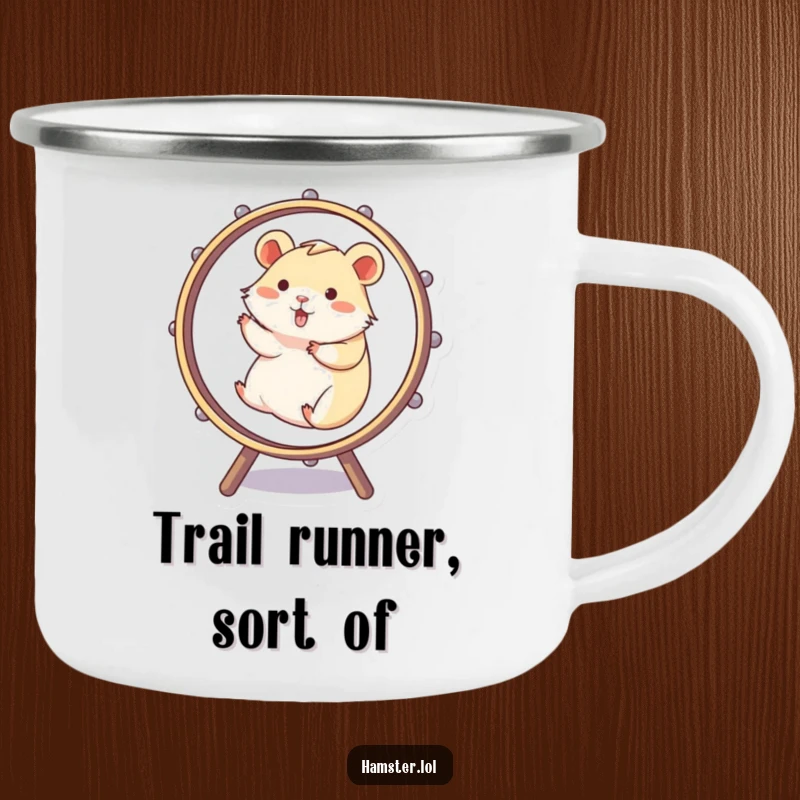 Funny Camping Mug shows a hamster comically running in a spinning wheel, perfect for outdoor enthusiasts who appreciate humor.