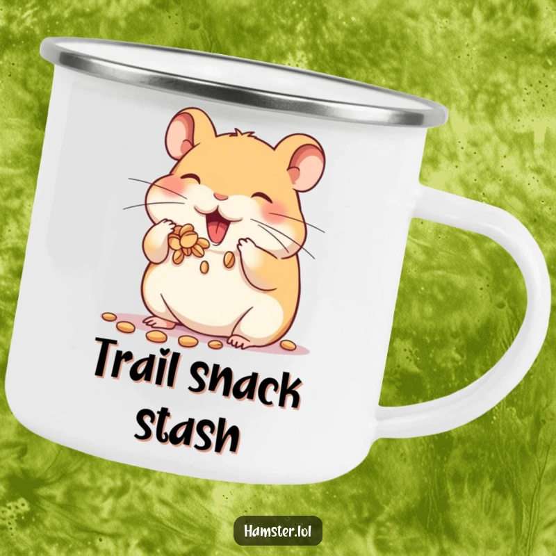 Funny camping mug showing a hamster character enthusiastically stuffing its cheeks full of seeds, perfect for outdoor snack lovers.