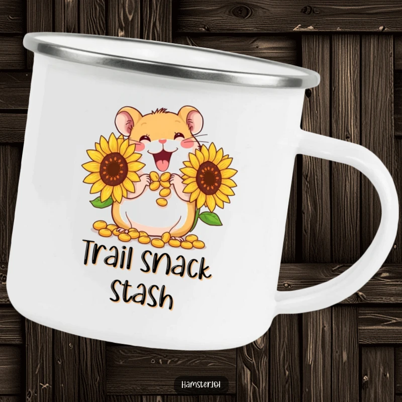 Funny Camping Mug: A cute hamster character gleefully stuffing its oversized cheeks with sunflower seeds, perfect for outdoors.