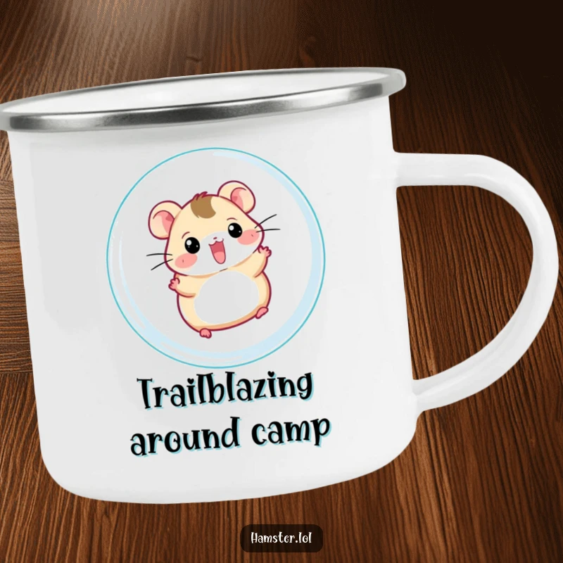 Funny hamster ball camping mug, a cheerful hamster character zipping within a clear ball in an outdoor setting, humorous and durable.