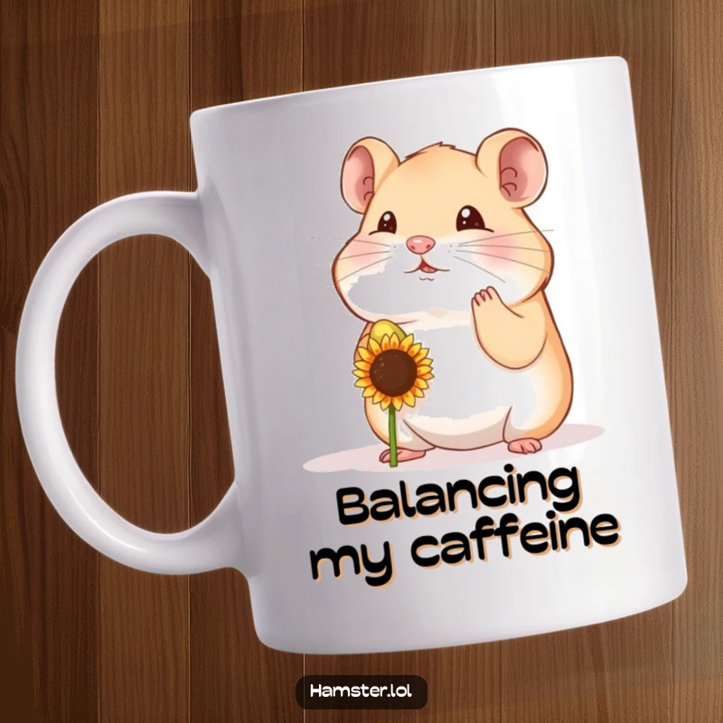 Funny hamster character concentrating intensely while balancing a tiny sunflower seed on its nose, depicted on a humorous mug.