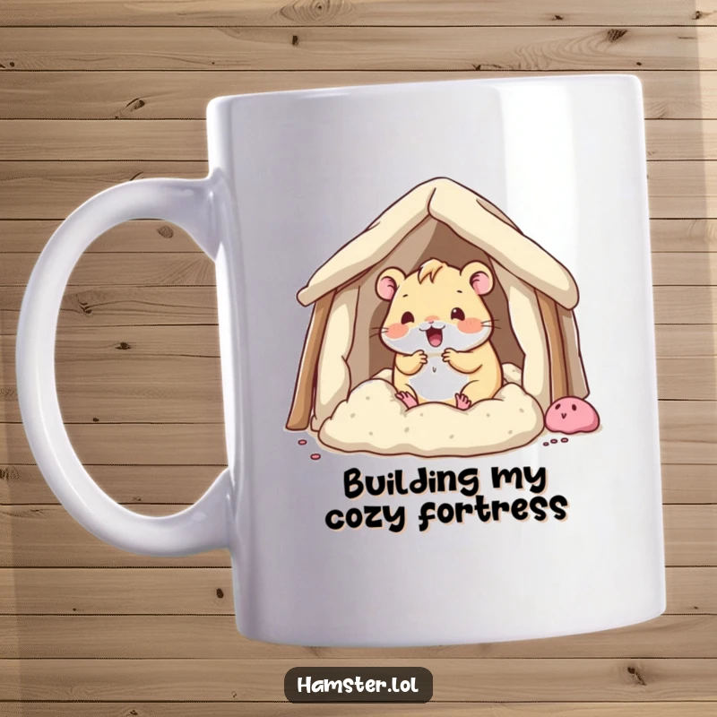 Funny kawaii hamster character busily and enthusiastically building a cozy fort with bedding, depicted on a humorous mug.