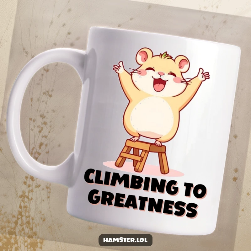 Funny Mug: A happy hamster character triumphantly dancing on a tiny ladder, celebrating a win with joy.