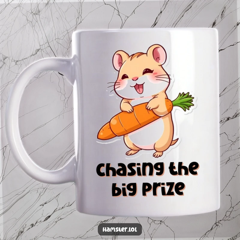 Funny mug featuring a delighted hamster character triumphantly balancing a carrot significantly larger than itself, showcasing its prize.