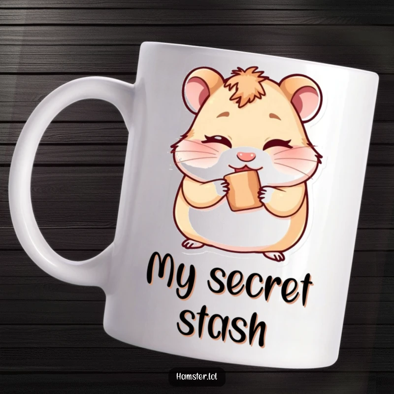 Funny mug featuring a cheeky hamster winking with one eye while secretly hiding a tiny treat behind its back.