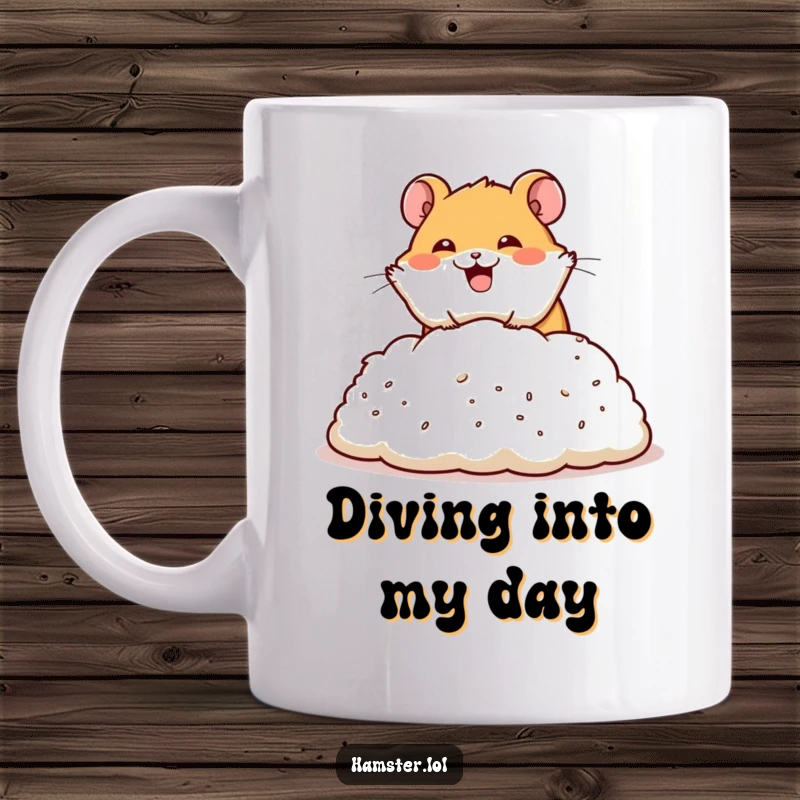 Funny mug featuring a happy hamster character performing a dramatic dive headfirst into a soft pile of bedding, looking ecstatic.
