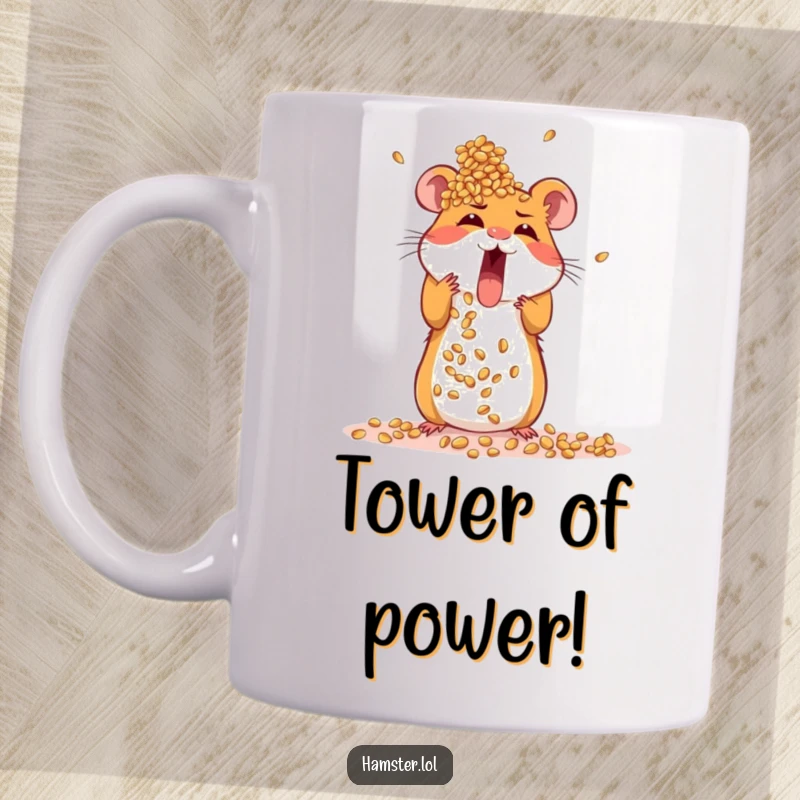 Funny mug featuring an excited hamster diligently trying to build a precarious tower out of seeds.