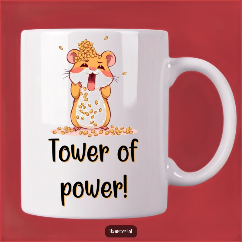 Funny Excited Hamster Mug: Ambitious rodent building seed tower, a hilarious funny gift