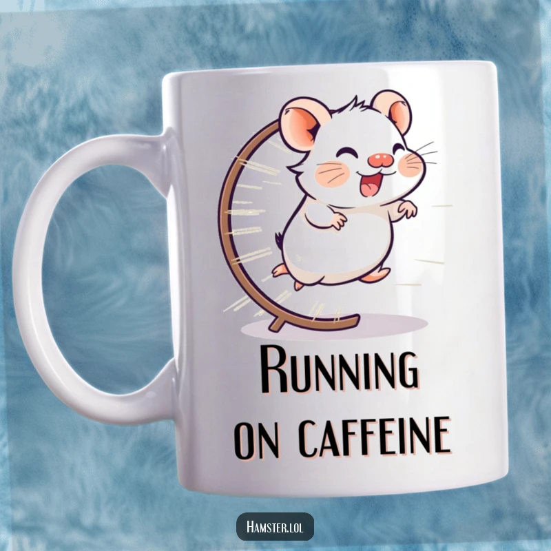 Funny mug featuring a giggling hamster character running at lightning speed on its wheel, appearing joyful and energetic.