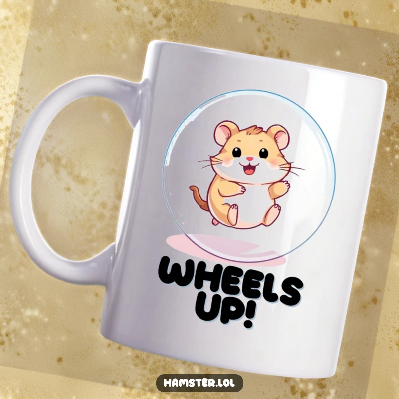 Funny Mug: A playful hamster character enthusiastically rolling inside a transparent exercise ball, showcasing pure joy.
