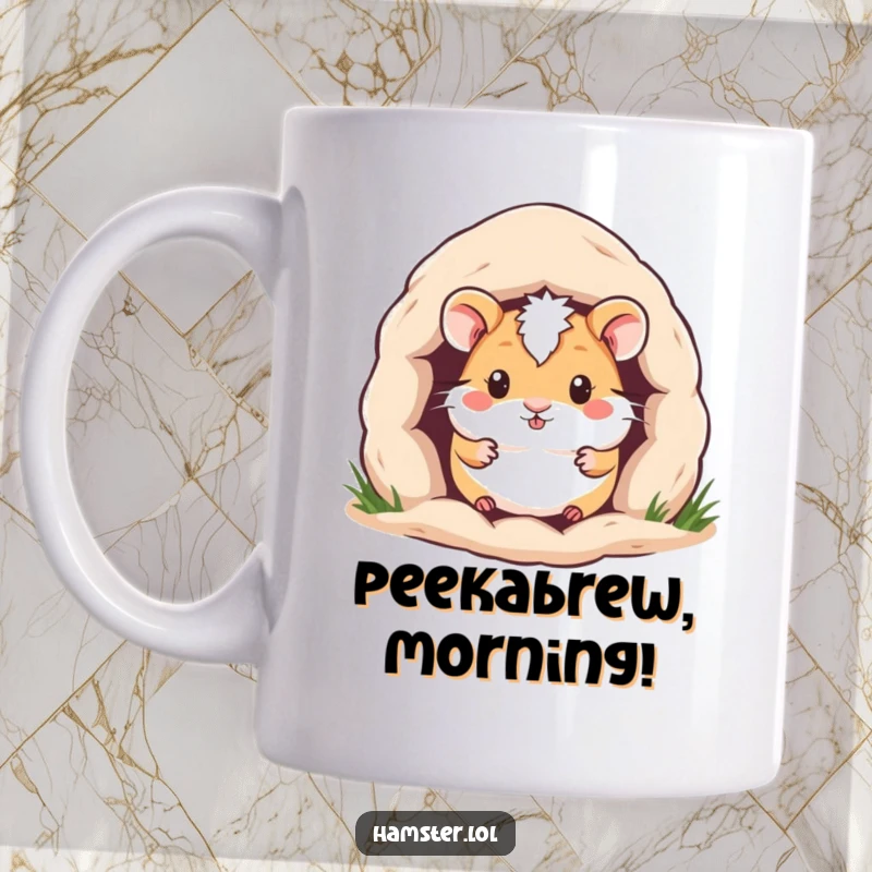 Funny Hamster Mug: Cute hamster peeking its head out from a warm, inviting burrow entrance, looking curious.