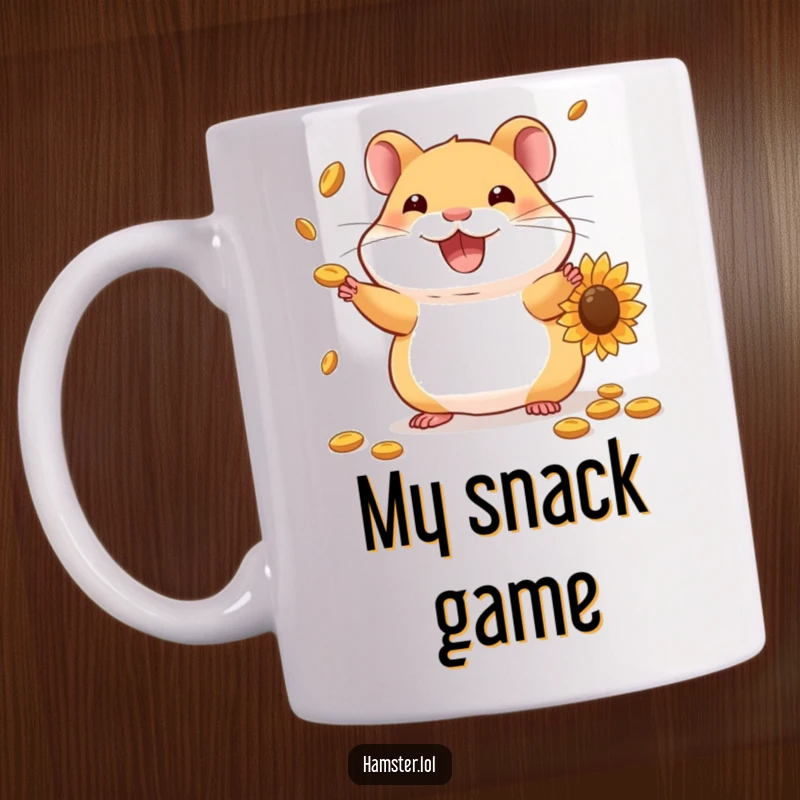 Funny Hamster Mug: Amused hamster skillfully juggling multiple sunflower seeds with a wide, happy grin.