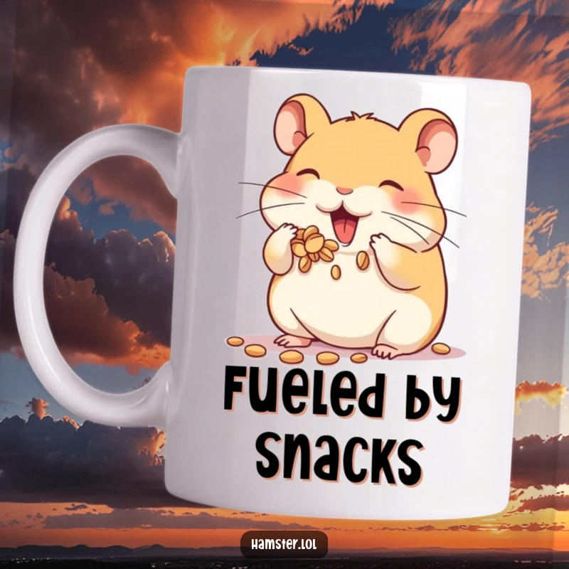 Funny hamster mug showing a cute character enthusiastically stuffing its cheeks full of seeds, a comical representation of hoarding.