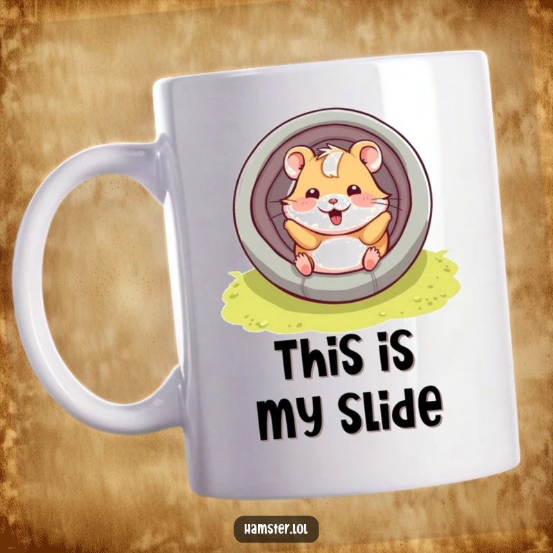 Funny hamster character playfully sliding down a tube with a smile, a cheerful and fun mug design.