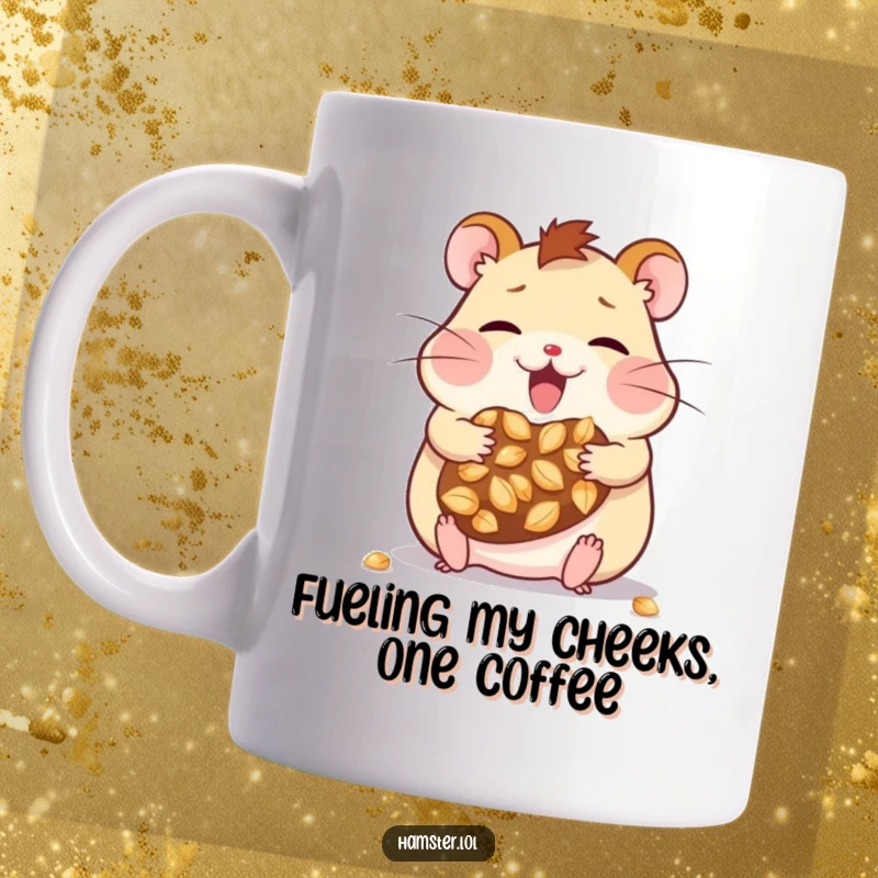 Funny kawaii hamster character excitedly stuffing its cheeks full of giant seeds, a humorous and adorable depiction for a mug.