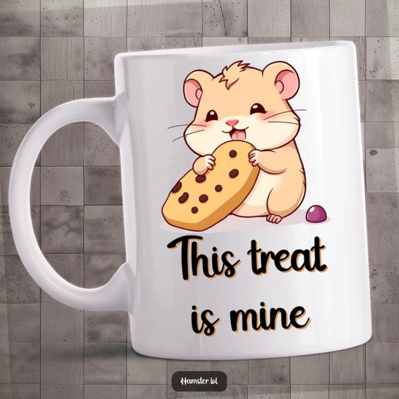 Funny wobbly hamster mug, a hamster comically struggling to hoard an oversized treat, looking unsteady but determined.