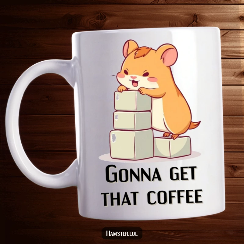 Funny hamster mug, a determined hamster comically attempting to climb a small stack of blocks, perfect for a funny gift.