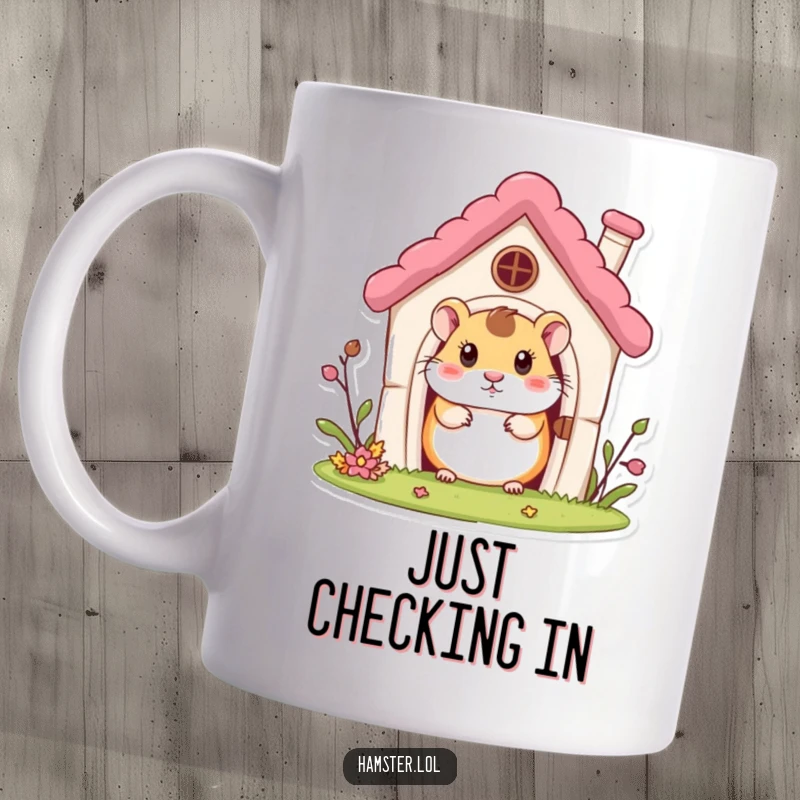 Funny Mug: A curious hamster character peeking out from a tiny, cozy miniature house, looking inquisitive.