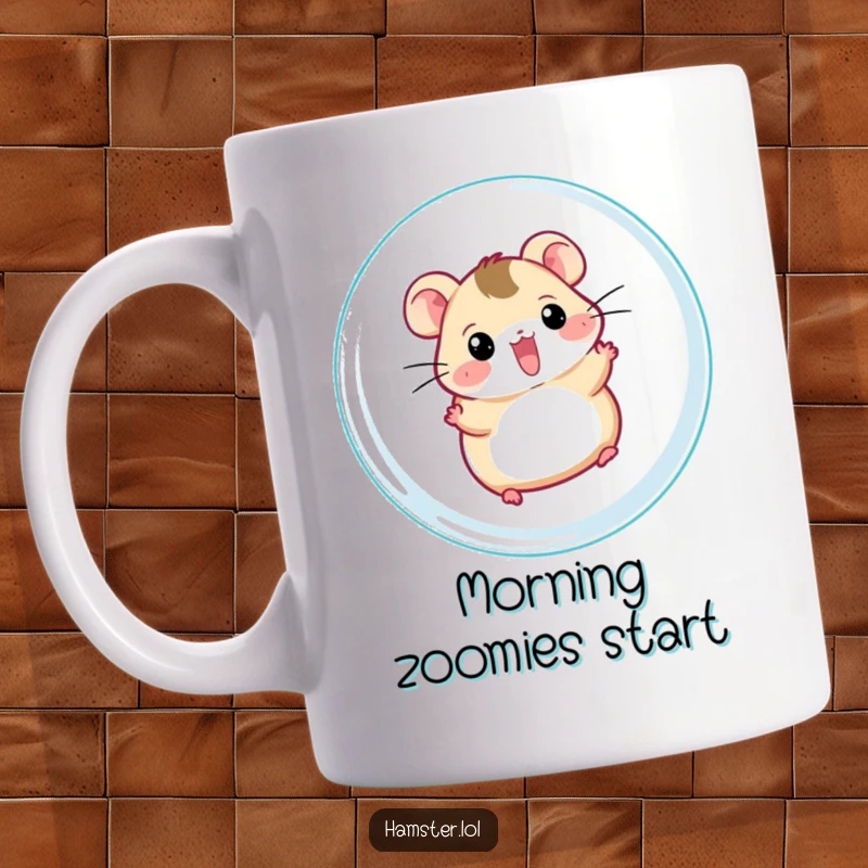 Funny hamster ball mug, a cheerful hamster character gleefully zipping around inside a clear hamster ball, a comical motion.