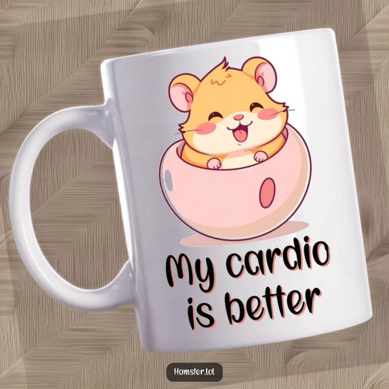 Funny Hamster Mug: Cute hamster joyfully rolling inside a clear exercise ball, spreading happiness and laughter.