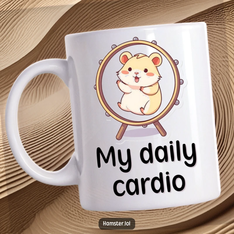 Funny Hamster Mug shows a playful hamster energetically spinning in a large wheel, symbolizing unstoppable enthusiasm and a good laugh.
