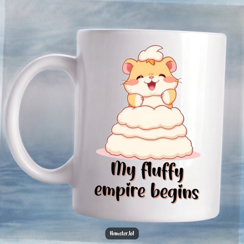 Funny mug with a cute hamster character joyfully stacking bedding fluff into a tall tower, showcasing its dedication to cozy construction.