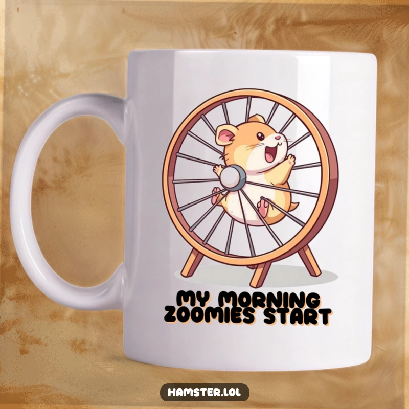 Funny hamster character gleefully zooming at full speed inside a comically large hamster wheel, captured on a humorous mug.