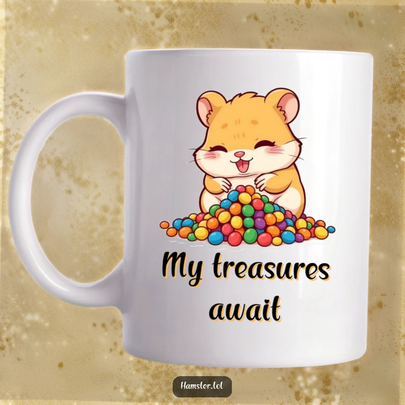 Funny hoarding hamster mug, a mischievous hamster character playfully stuffing colorful beads into its cheeks, a comical capture.