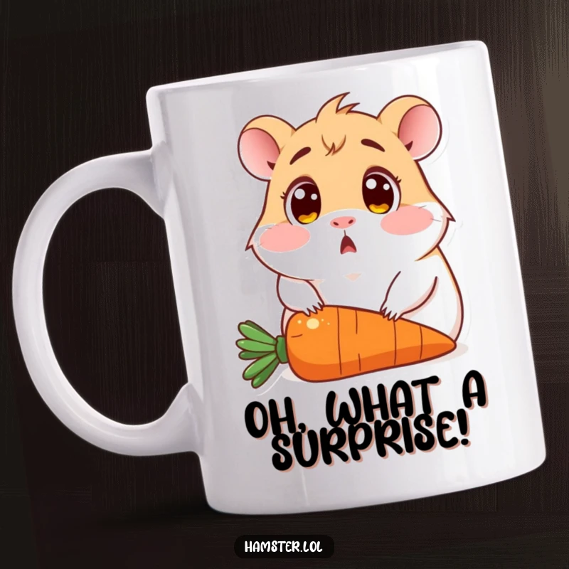 Funny mug featuring a wide-eyed, surprised hamster accidentally sitting on a bright orange carrot, looking utterly bewildered.