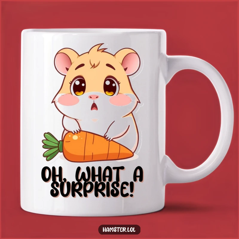 Funny Surprised Hamster Mug: Wide-eyed rodent hilariously on a carrot, perfect funny gift