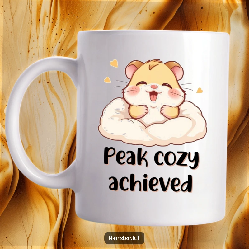 Funny mug featuring a giggling hamster gleefully burying itself deep within soft, fluffy bedding.