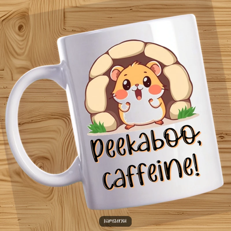Funny mug with a surprised hamster character peeking its head out of a tiny tunnel, looking wide-eyed and startled.