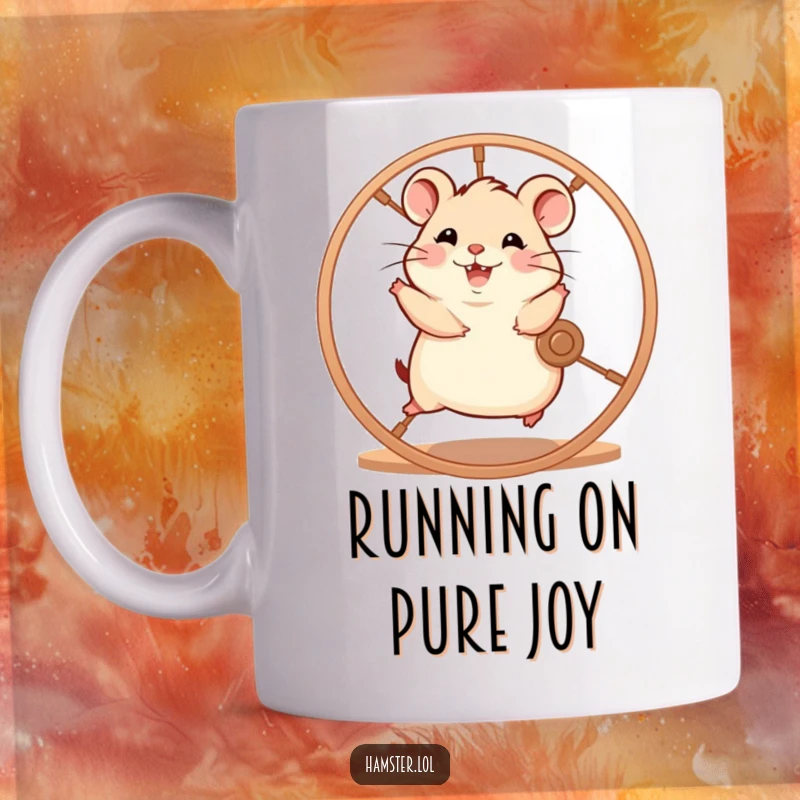 Funny hamster character enthusiastically running on a spinning wheel with pure glee, a joyful and energetic mug design.