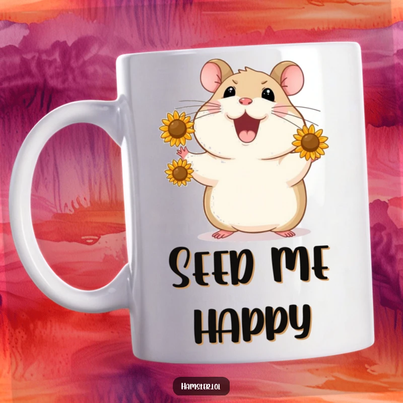 Funny Mug shows a joyful hamster skillfully juggling tiny sunflower seeds with its paws, radiating happiness and fun.