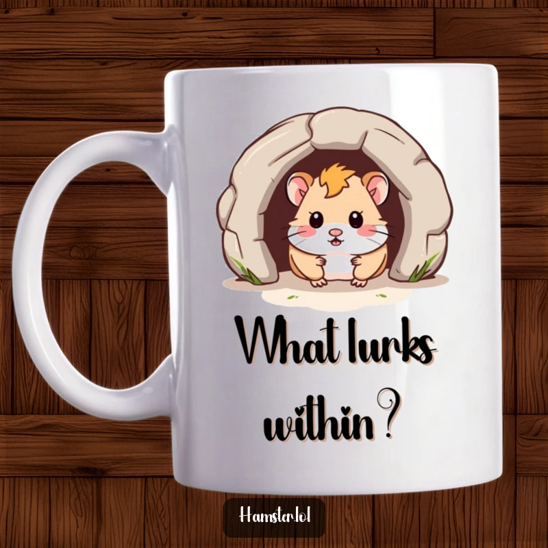 Funny Mug shows a curious hamster peeking its head out of a small tunnel, embodying playful surprise and intrigue.