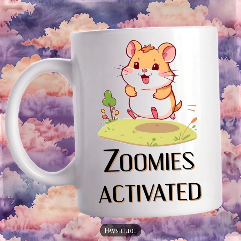 Funny Mug shows an energetic hamster in a happy dash across a miniature landscape, symbolizing speed and playful movement.
