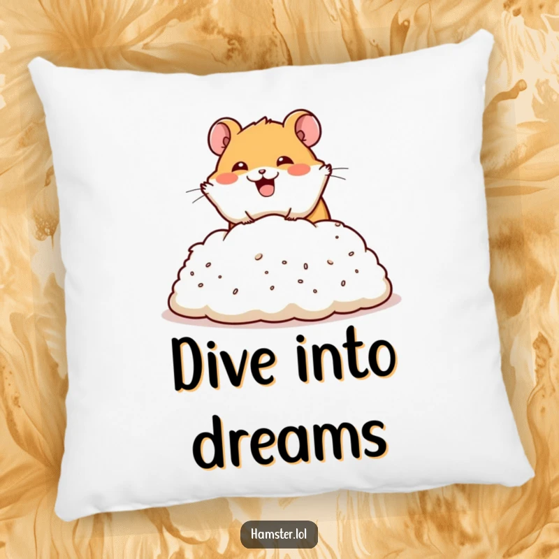 Funny pillow featuring a happy hamster character performing a dramatic dive into a pile of bedding, embodying joyful comfort.